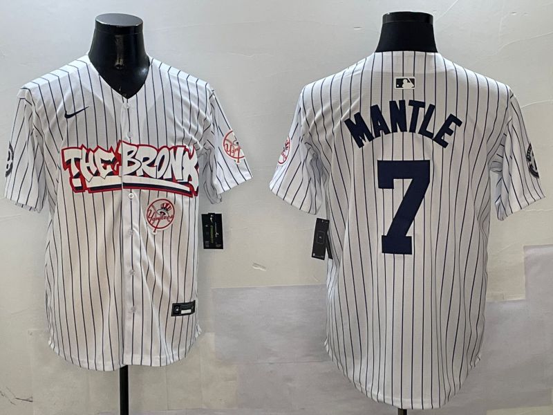 Men New York Yankees #7 Mantle White Stripe four generations Joint Name 2025 Nike MLB Jersey style 7->new york yankees->MLB Jersey